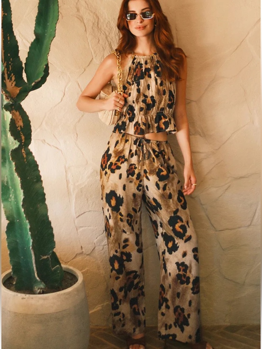 Cupshe x Lexi Rivera Catwalk Pants Beige Leopard Wide-Leg Drawstring Pants